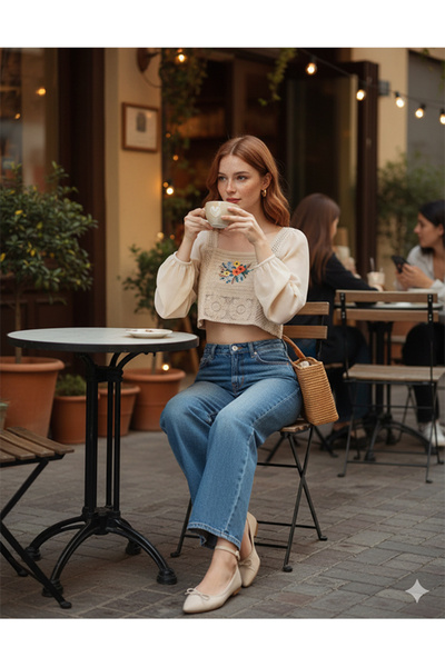 Namaste Vintage Beige Color Sleeves Chiffon Embroidery Crop Blouse