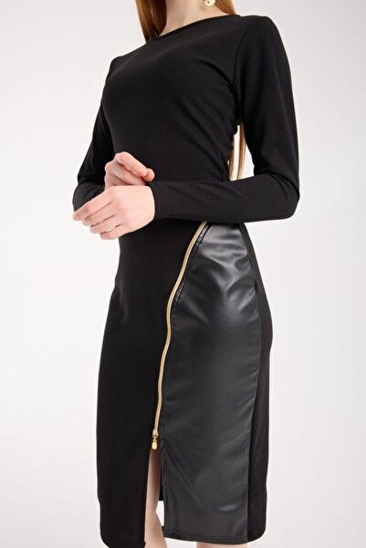 JANES Women's Crew Neck Long Sleeve Leather and Zipper Detail Mini Slit Dress