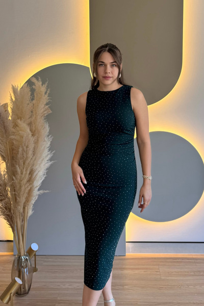 Aventien Draped Stone Slit Midi Dress