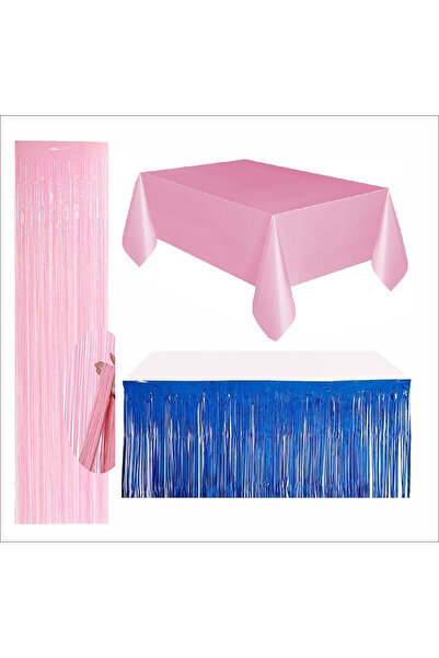 ZENVİVA Pink Tablecloth, Navy Blue Table Skirt, Pink Background