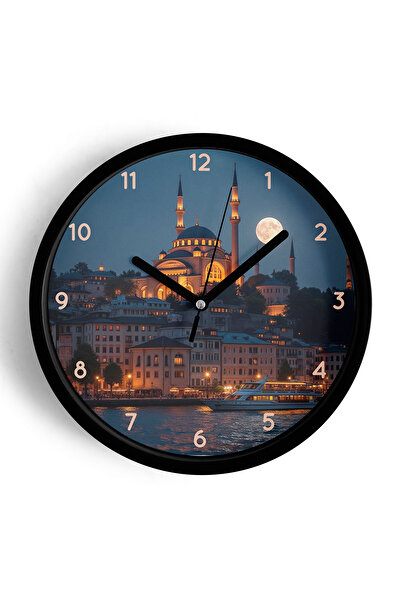 JHAAR İstanbul Boğazı Ve Cami Manzaralı Modern Duvar Saati - 25cm - Önü Camlı Siyah Kasa