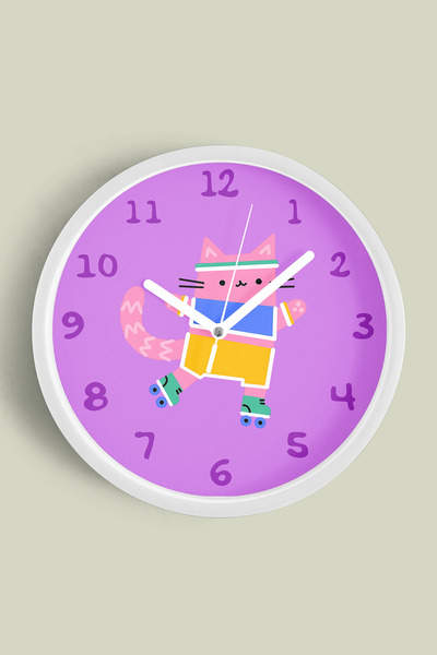 JHAAR ساعة حائط لغرفة الأطفال على شكل قطة لطيفة - 25 سم - هيكل أبيض مع زجاج أ...