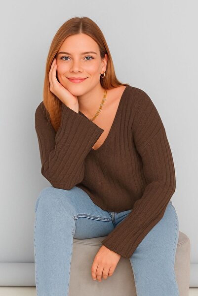 moda mh Wide V-Neck Knitwear Crop Sweater