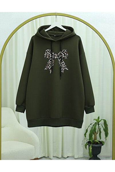 Modamorfo Bow Detailed Hooded Combed Cotton Sweatshirt - Khaki