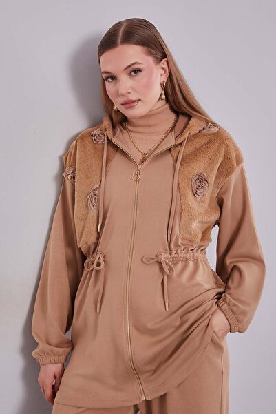 Levidor Camel Rose Detailed Waist Gathered Two-Piece Set