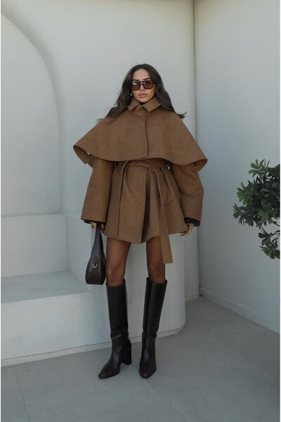 Havoş Camel Cape Detailed Belted Cashmere Coat