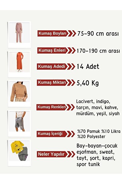 Yiğit Kumaş Diz Yapmaz 2 Thread Fabric Set, 14 Pieces, Sizes between 75-90 cm