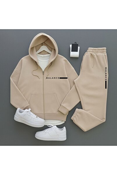 Baycombine35 Cream New Season Balance Written 3 Thread Cardigan-Sweatpants 2-Piece Set