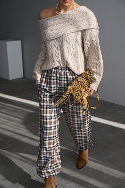 LOOSH Kadın Lacivert Ekose Desenli Pamuklu Pantolon