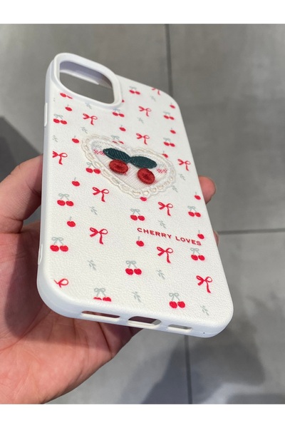 Mee.co Embroidered Cherry Pattern Case Compatible with iPhone 14 Plus and 15 Plus, Cherry Figured Knitted Phone Case