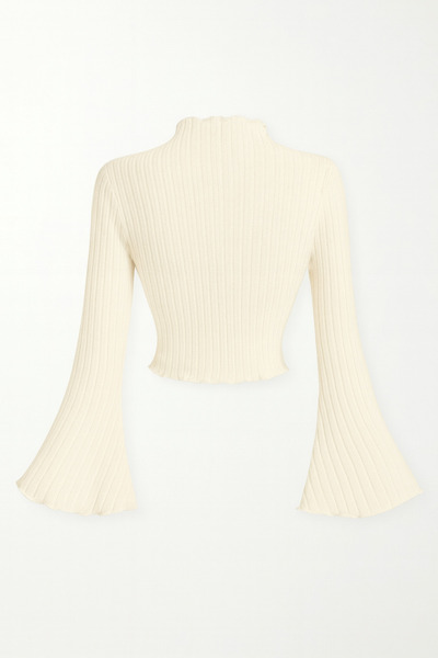 Wild Flower Εκρού κοτλέ Πλεκτό Μπλουζάκι Μακρυμάνικο, Μανίκια με βολάν, ψηλός λαιμός Crop Top