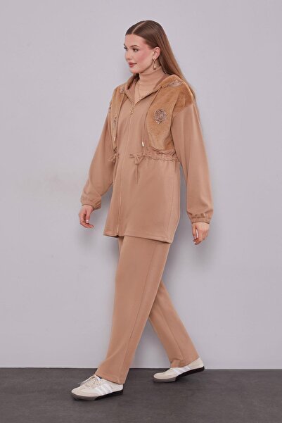 Levidor Camel Rose Detailed Waist Gathered Two-Piece Set