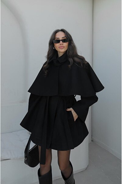 Havoş Black Cape Detailed Belted Cashmere Coat