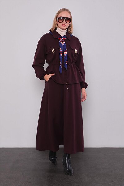 Levidor Burgundy Gold Zipper Detailed Skirt Set