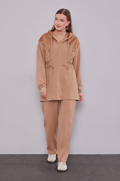 Levidor Camel Rose Detailed Waist Gathered Two-Piece Set