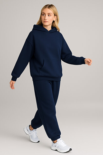 LUMİZA Women's Navy Blue Oversized Hooded Thick Tracksuit Set with Fleece Inside