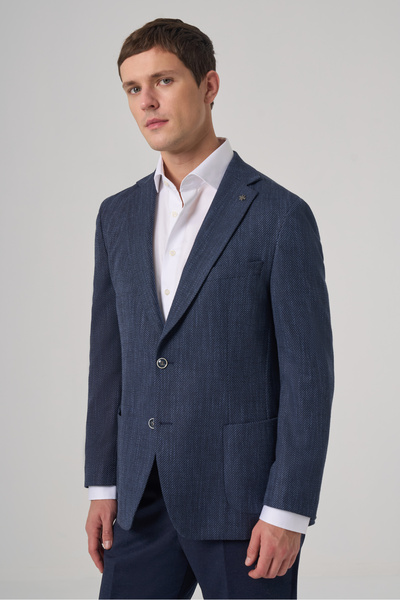 Morven Men's Marine Polyviscon Trend Patterned Dynamic Fit Mono Collar Jacket