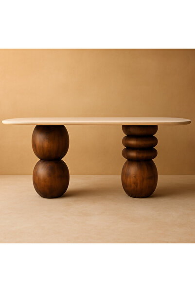 MIARIK DESIGN Bogdum - Traverten Yemek Masasi Ahşap Bogum Ayak Traverten Tabla Mermer Yemek Masası