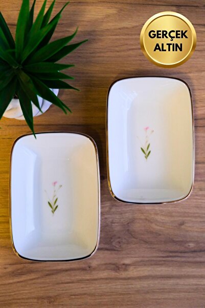 tabakevi Tabak Evi Porselen Natura Çuha Altın Yaldızlı Dikdörtgen Kayık Tabak 12x8,50cm 2 li