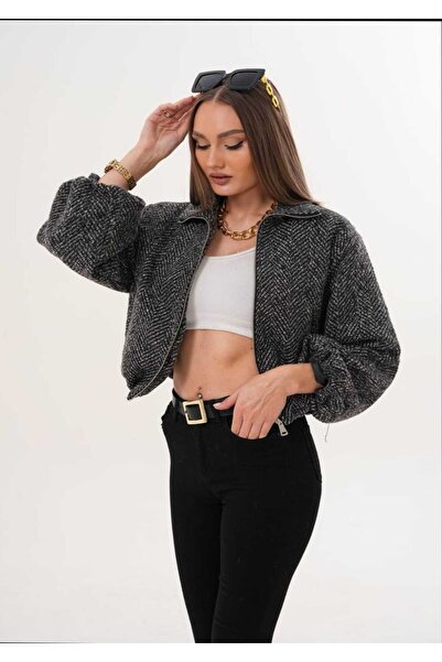 Azra Moda Style Mock Neck Cashmere Fabric Lined Balloon Sleeve Zippered Coat Women