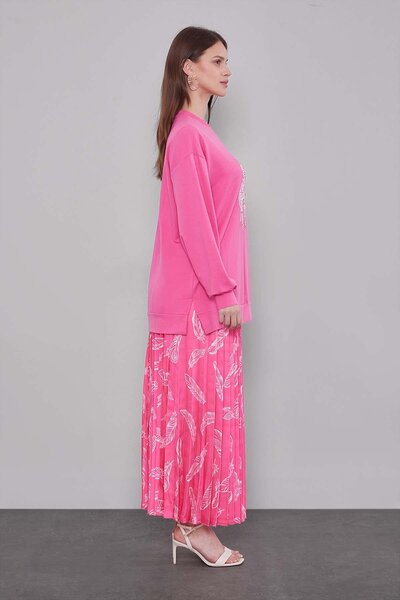 Levidor Fuchsia Feather Patterned Pleated Skirt Set