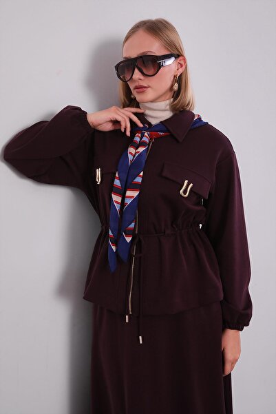 Levidor Burgundy Gold Zipper Detailed Skirt Set