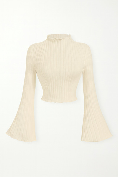 Wild Flower Εκρού κοτλέ Πλεκτό Μπλουζάκι Μακρυμάνικο, Μανίκια με βολάν, ψηλός λαιμός Crop Top