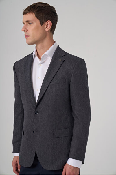 Morven Men's Navy Blue Woven Patterned Dynamic Fit Mono Collar Jacket