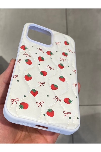 Mee.co iPhone 14 Pro Max Compatible Strawberry Pattern Phone Case Faux Leather Case with Ribbon Pattern Stitching Detail