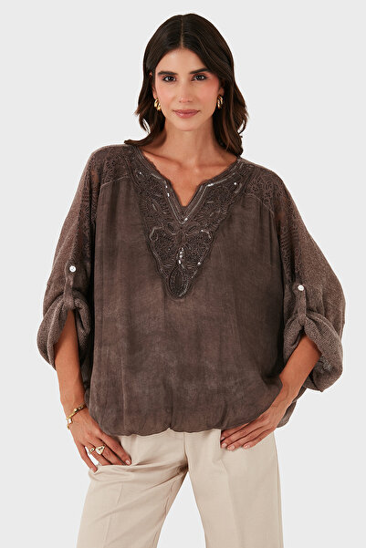 Via Dante Oversized V-Neck Sequin Lace Detailed Blouse Blouse 690822