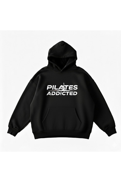 Maki Home Makiteks Black Cotton Unisex Pocketed Hooded Relaxed Fit Pilates Addicted Printed Sweatshirt