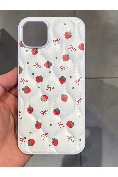 Mee.co Strawberry Pattern Phone Case Compatible with iPhone 14 Plus and 15 Plus, Faux Leather Case with Ribbon Pattern