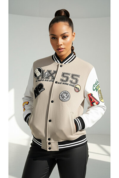 LİBREPRİVE معطف بومبر بتفاصيل مطرزة للجنسين على طراز الكلية قصة فضفاضة