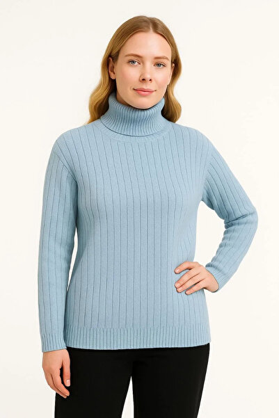 hibiscus Women's Turtleneck Knitted Sweater Cotton Thick Corded Fabric Woven - Baby Blue