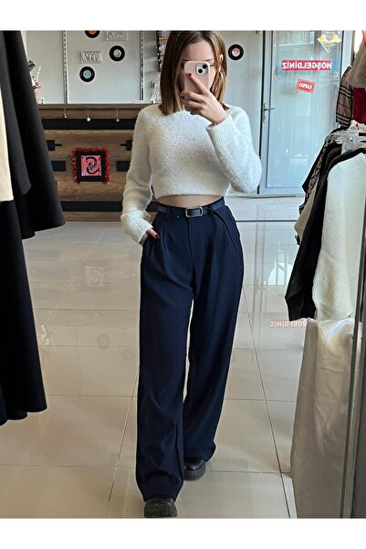 Sublime Butik Pantaloni casual din material textil pentru femei, cu curea, al...