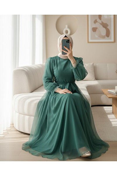 MissRunin Belted Tulle Evening Dress with Puffy Sleeves and Skirt