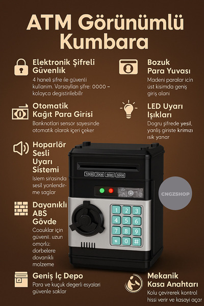 CNGZSHOP Elektronik Şifreli Banka Kasası Mavi Kumbara – ATM Görünümlü Otomatik Para Çeken Çocuk Kumbarası