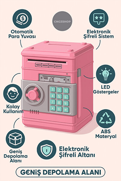 CNGZSHOP Elektronik Şifreli Banka Kasası Kırmızı Kumbara – ATM Görünümlü Otomatik Para Çeken Çocuk Kumbarası