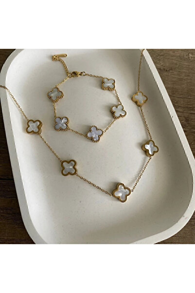 kozenbijoux Altın Renk Beyaz Van Cleef Kolye Bileklik Set (+2 Kolye Hediye)