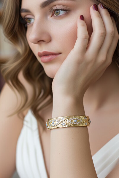 CAŞ DEKORASYON Gold Color Eye Model Stone Steel Handcuff Bracelet