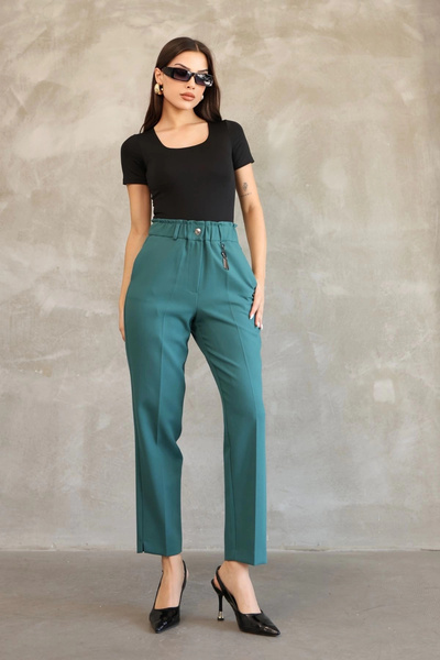 lodmela Accessory Detailed Elastic Waist Fabric Trousers 6119-Petrol Green