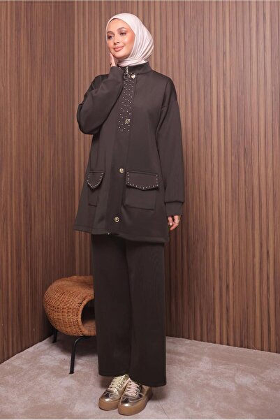 TRENDTESETTÜR Women's Brown Pants and Scuba Knitted Suit t 4335