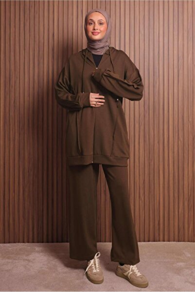 TRENDTESETTÜR Women's Brown (Bitter Brown) Hooded Set with Pants t 1017