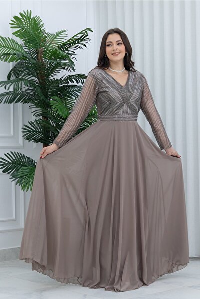 TREN Elegant Long Sleeve Chiffon Evening Dress with V-Neck Crystal Embellished Bodice for Women