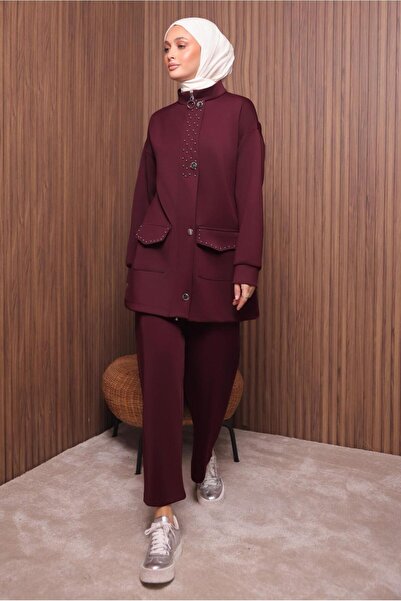 TRENDTESETTÜR Women's Burgundy Pants Suit with Scuba Knitting t 4335