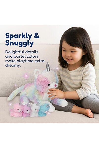 PixieCrush Unicorn Cat Plushie - Mommy Cat Unicorn with 4 Baby Kittens (5 x 10 x 8 in)
