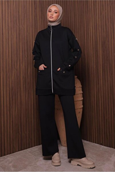 TRENDTESETTÜR Women's Black Pants and Scuba Knitted Suit t 2335