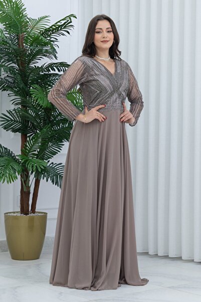 TREN Elegant Long Sleeve Chiffon Evening Dress with V-Neck Crystal Embellished Bodice for Women
