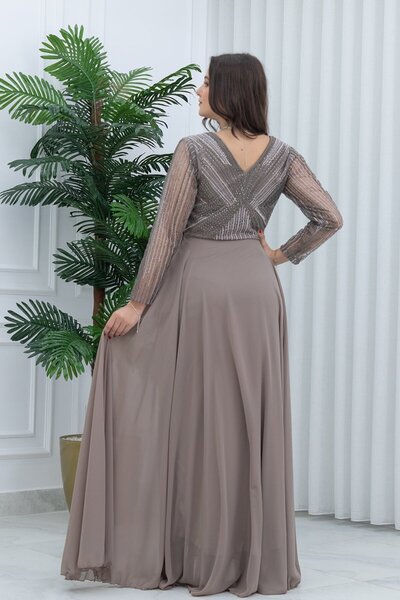 TREN Elegant Long Sleeve Chiffon Evening Dress with V-Neck Crystal Embellished Bodice for Women