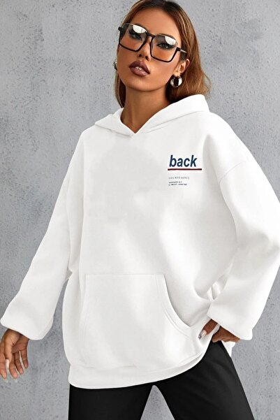 RASCHA Hanorac oversize cu glugă, alb, imprimat pe spate